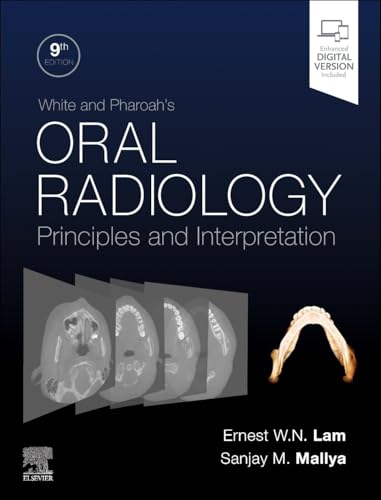 Textbook cover for "Oral Radiology" with dental x-ray images.