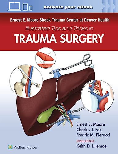 Trauma surgery textbook cover with anatomical illustrations and surgical tools.
