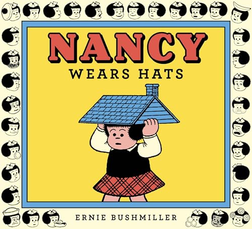 Book cover: "Nancy Wears Hats" with cartoon girl under a roof.
