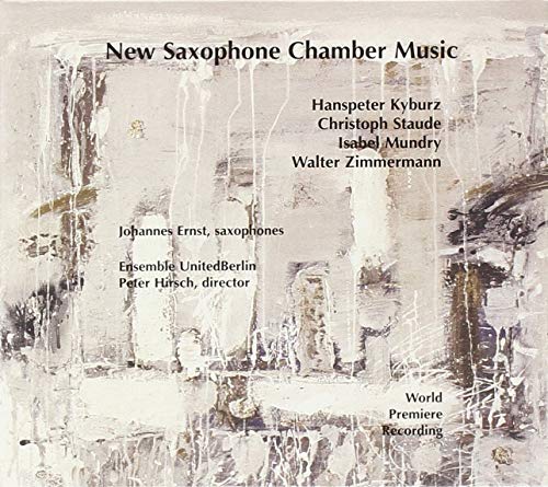 "CD cover with abstract beige background and black text listing 'New Saxophone Chamber Music'."