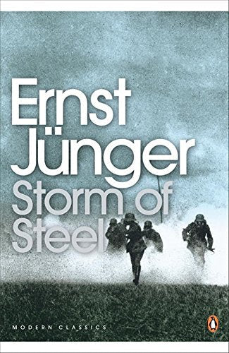 "Book cover of 'Storm of Steel' showing soldiers running through a battlefield in black and white."