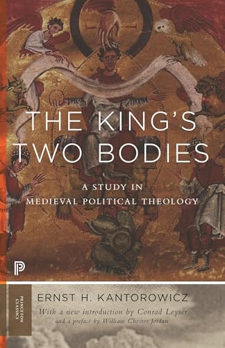 Book cover: medieval figures in gold, title “The King’s Two Bodies.”