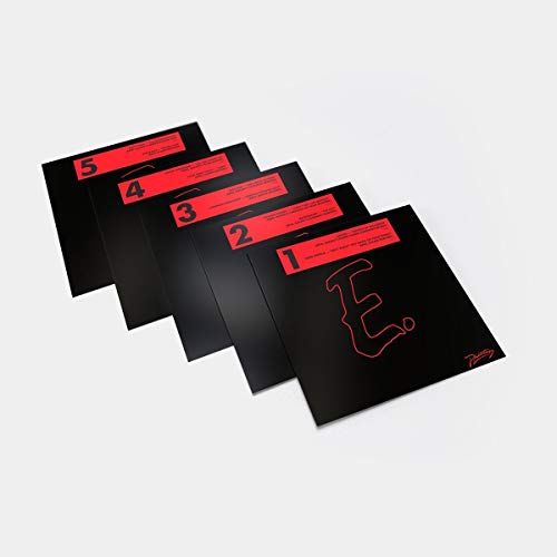 Stack of five black vinyl record sleeves with red numbered designs.