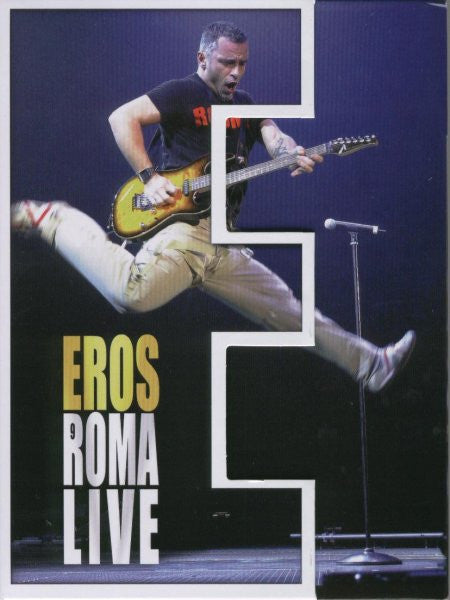 DVD cover for "Eros Roma Live" featuring a guitarist mid-jump on stage.