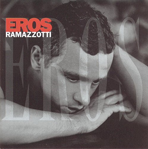 Eros Ramazzotti album cover: black and white portrait with text overlay.