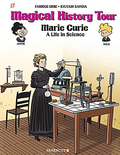 Comic book cover depicting Marie Curie in a laboratory setting.