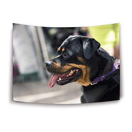 Rottweiler dog portrait with open mouth, displayed as a wall tapestry.