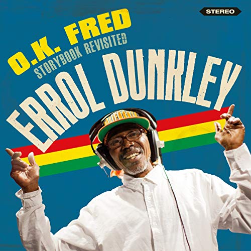 "Album cover with Errol Dunkley wearing headphones, blue background, and Jamaican flag stripe."