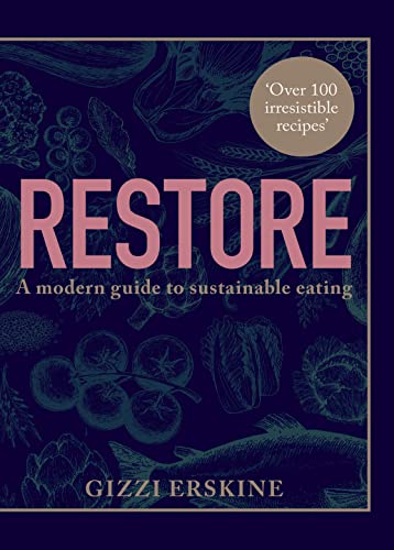 Cookbook cover with title “Restore” and illustrations of vegetables and fish.