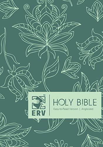 Green hardback Bible with white floral pattern and “Holy Bible” text.
