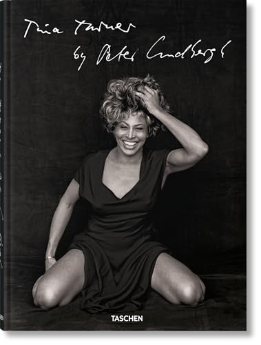 Black and white photo book cover featuring Tina Turner smiling, kneeling.