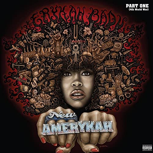 Erykah Badu album cover with afro filled with objects and fists.