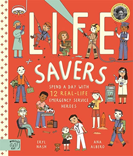 Book cover featuring illustrated emergency service workers on a bright red background.