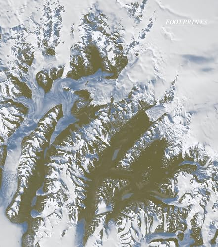 Aerial view of snow-covered mountain ridges and glaciers with the text Footprints.
