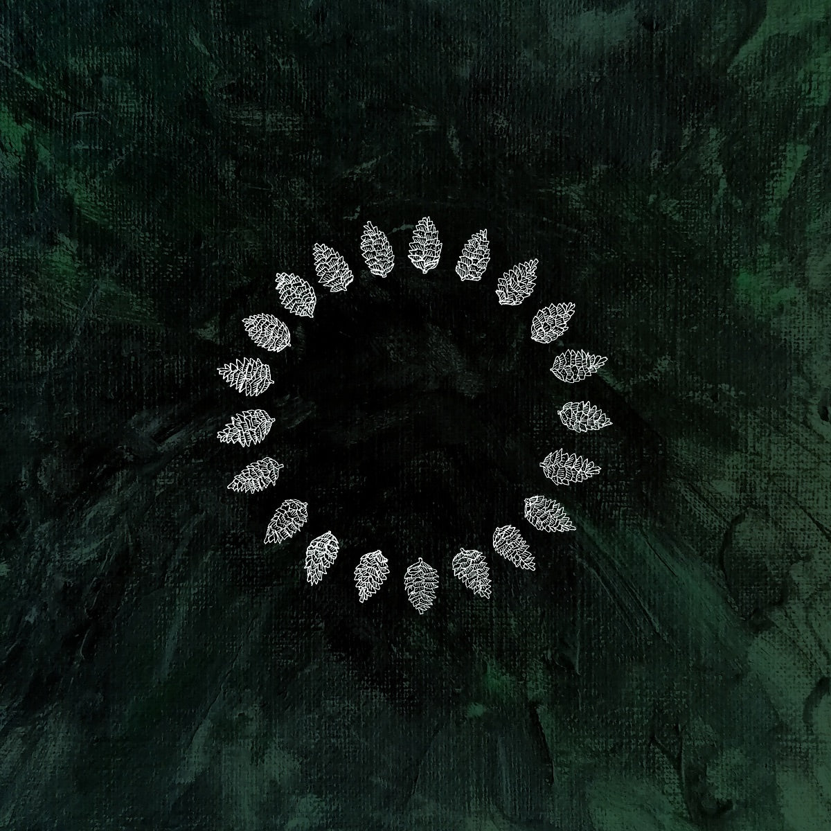 "CD cover with dark green background and a white leaf circle design."