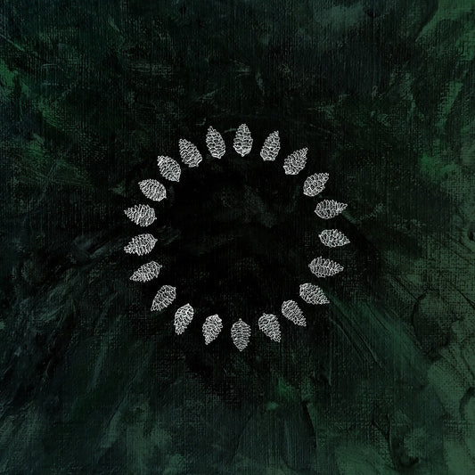 "CD cover with dark green background and a white leaf circle design."