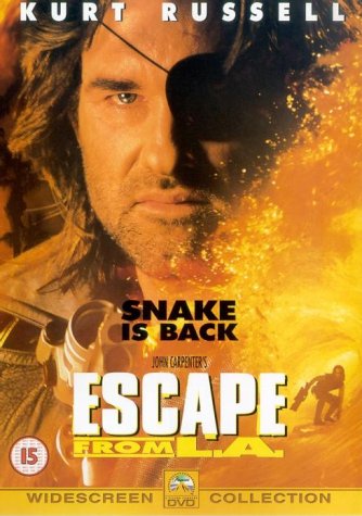 Kurt Russell as Snake Plissken with an eye patch on the "Escape From L.A." DVD cover.