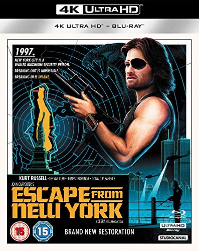 “Escape From New York” Blu-ray cover featuring Kurt Russell with a snake and city skyline.