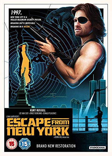Movie poster for "Escape From New York" featuring Kurt Russell with a cityscape.
