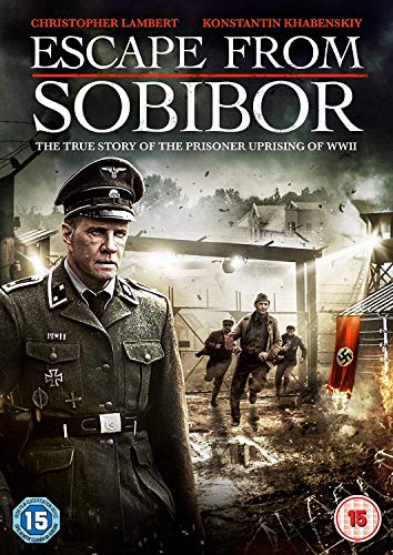 DVD cover for "Escape From Sobibor" depicting a Nazi officer and fleeing prisoners.