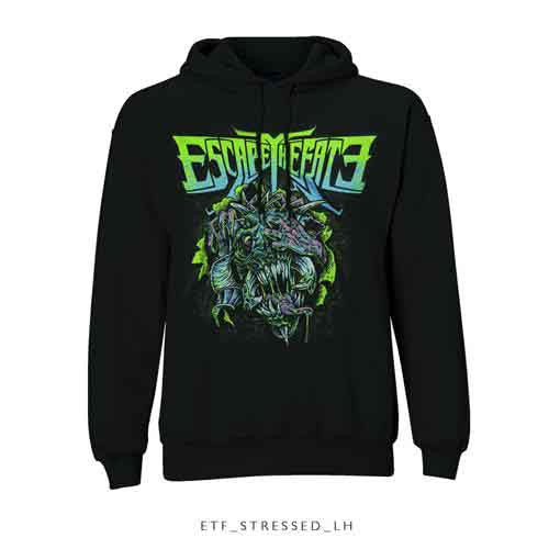 Black hoodie with "Escape The Fate" logo and colorful dragon graphic.