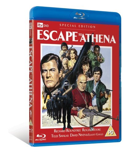 Blu-ray cover art for Escape to Athena featuring an ensemble cast with weapons.