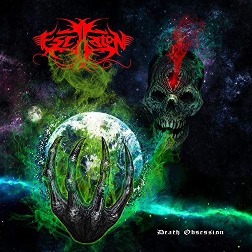 Album cover with red logo, skull, and claw grasping a green-tinged moon.