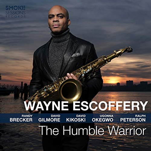 Wayne Escoffery with saxophone, against a sunset and city skyline.