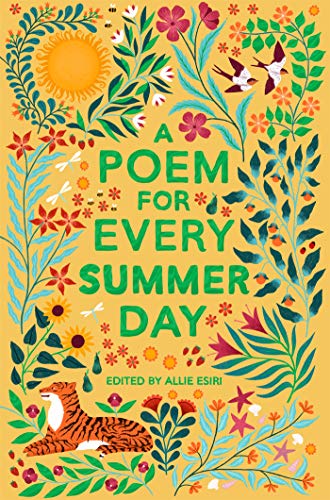 Book cover with yellow background, green text, and illustrations of flowers, birds, and tiger.
