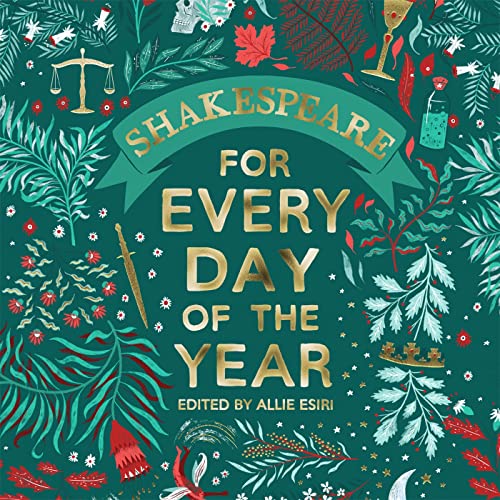 Book cover with gold lettering, Shakespeare quote illustrations, and teal background.
