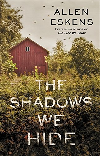 Book cover: red barn in overgrown field, title “The Shadows We Hide”.