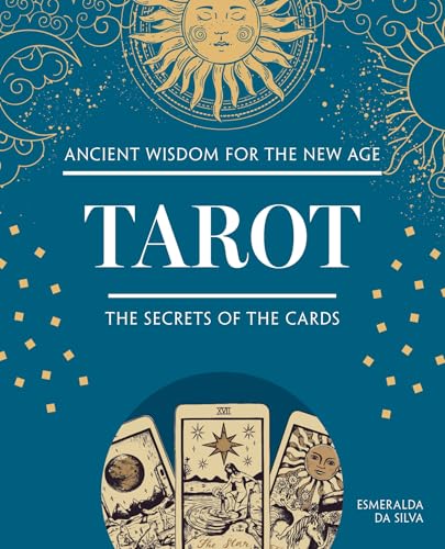 Teal book cover with gold designs and three tarot cards on the bottom.