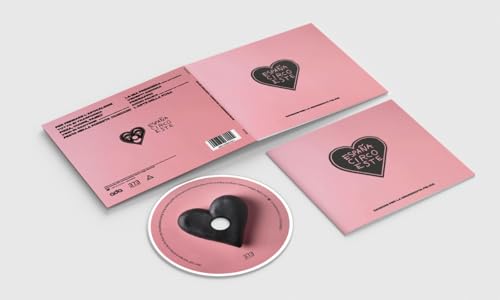 Pink CD case and disc with black heart design, barcode visible.