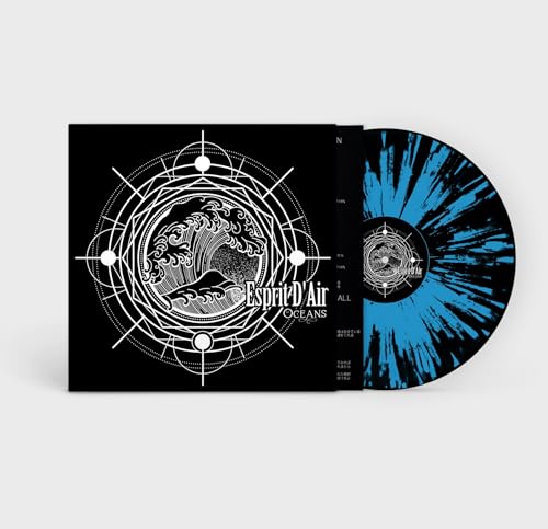 Vinyl record with blue and black swirl, featuring geometric ocean design.