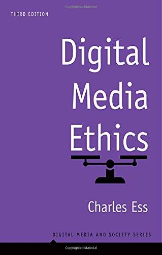 Purple book cover with white text: "Digital Media Ethics" and scales graphic.