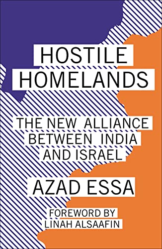 Book cover titled Hostile Homelands by Azad Essa with blue and orange patterned background.