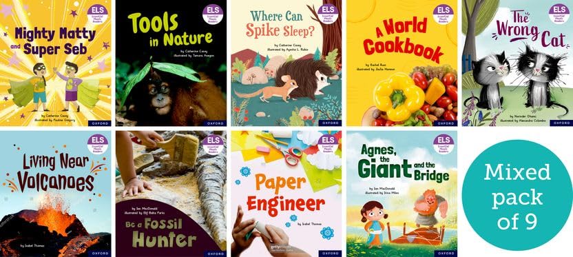 Nine colorful children’s books with varied illustrations, part of a reading pack.