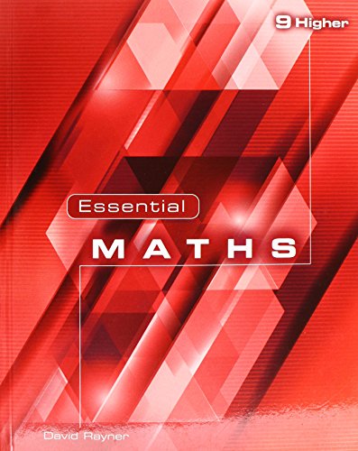 Red textbook cover with "Essential Maths 9 Higher" title and author name.