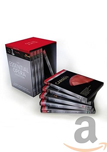 "Box set of DVDs titled 'Essential Opera Collection' with discs displayed beside it."