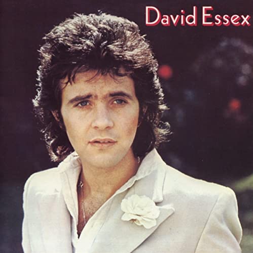 Portrait of David Essex wearing a light suit with a flower lapel pin.