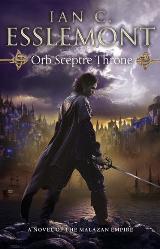 Book cover: warrior with sword, city skyline, stormy purple sky.