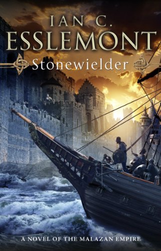 "Book cover of 'Stonewielder' by Ian C. Esslemont, featuring a ship near a castle."