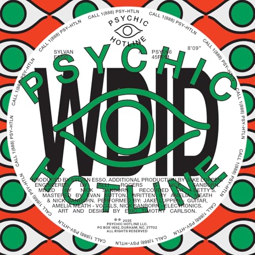 Vinyl record cover with large green eye design and circular text.