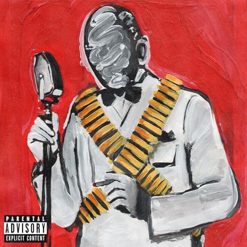Painted portrait of a man with a microphone and gold chains, red background.
