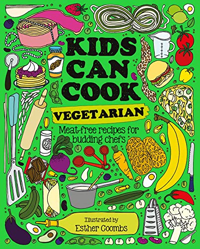 Book cover with green background and colorful illustrations of food and kitchen utensils.