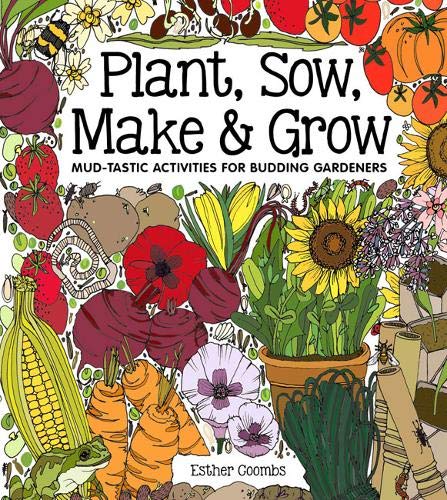 Colorful illustrated gardening activity book with flowers, vegetables, and a frog.
