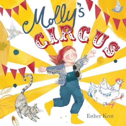A girl in overalls runs with a cat and chicken against a yellow background.