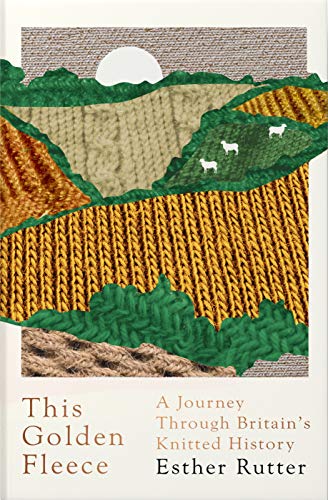 Book cover showing a landscape made of different knitted textures with three small sheep.