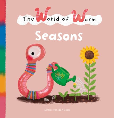 Cartoon worm watering a sunflower in a garden scene.