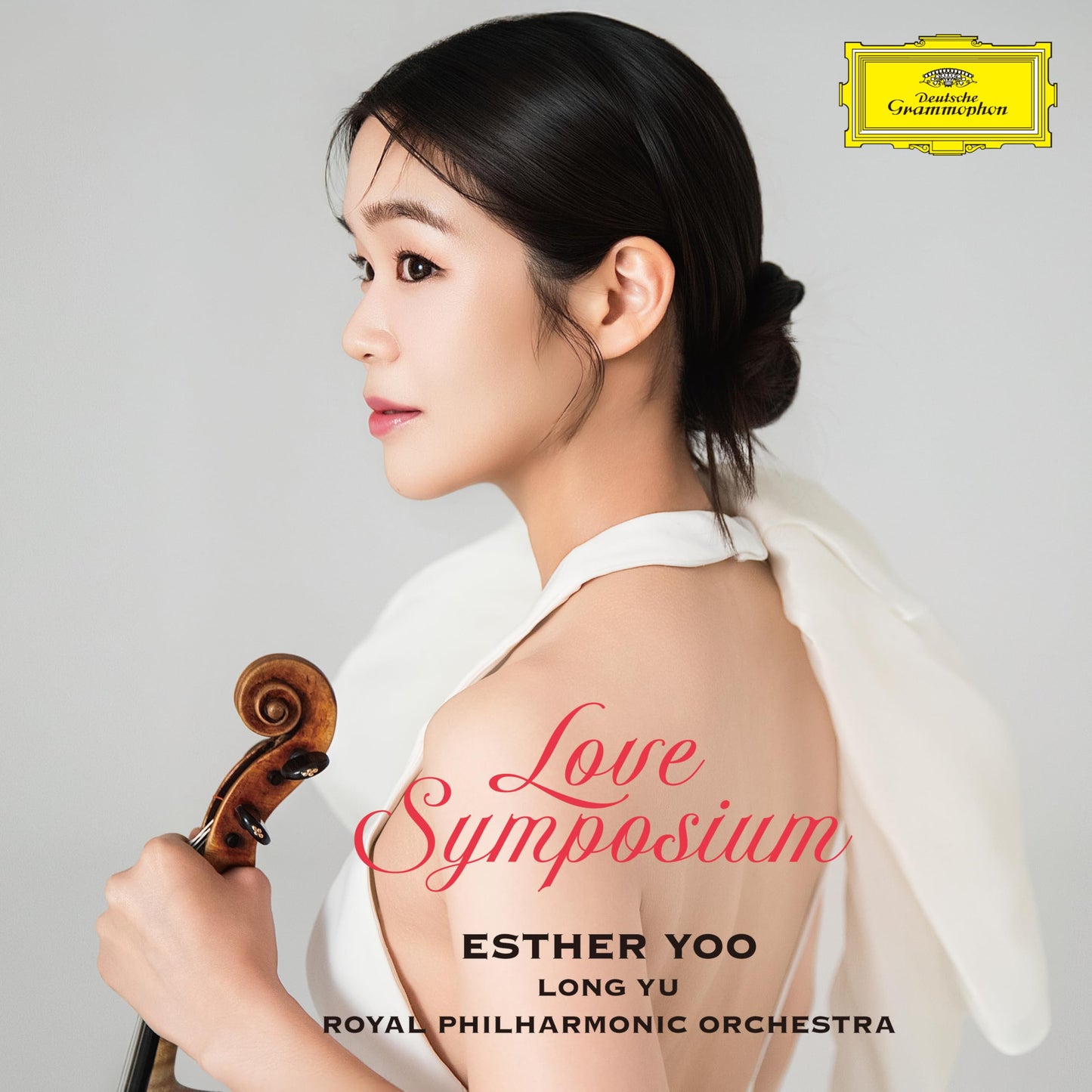 CD cover featuring violinist Esther Yoo, text “Love Symposium”, and orchestra details.
